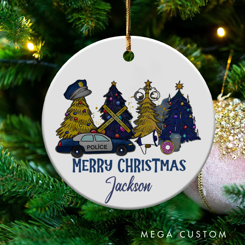 Personalized Police Officer Christmas Ornament Merry Christmas with Festive Trees