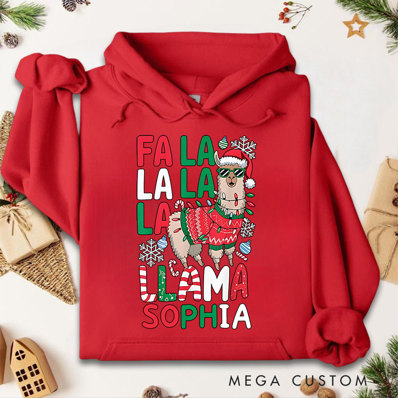 Personalized Fa La La Llama with Santa Hat and Scarf Christmas Hoodies