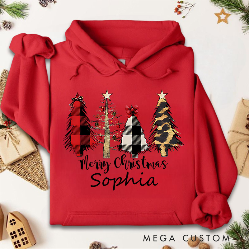 Personalized Plaid and Animal Print Christmas Trees with Bow Christmas Hoodies