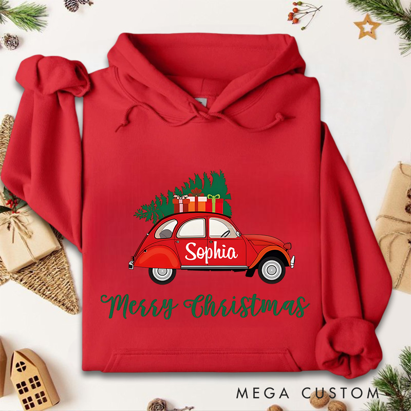 Personalized Red Car Carrying Christmas Tree with Merry Christmas Text Christmas Hoodies