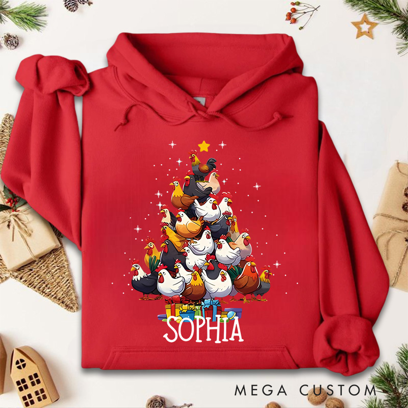 Personalized Chicken Stack Christmas Tree with Holiday Gifts Christmas Hoodies