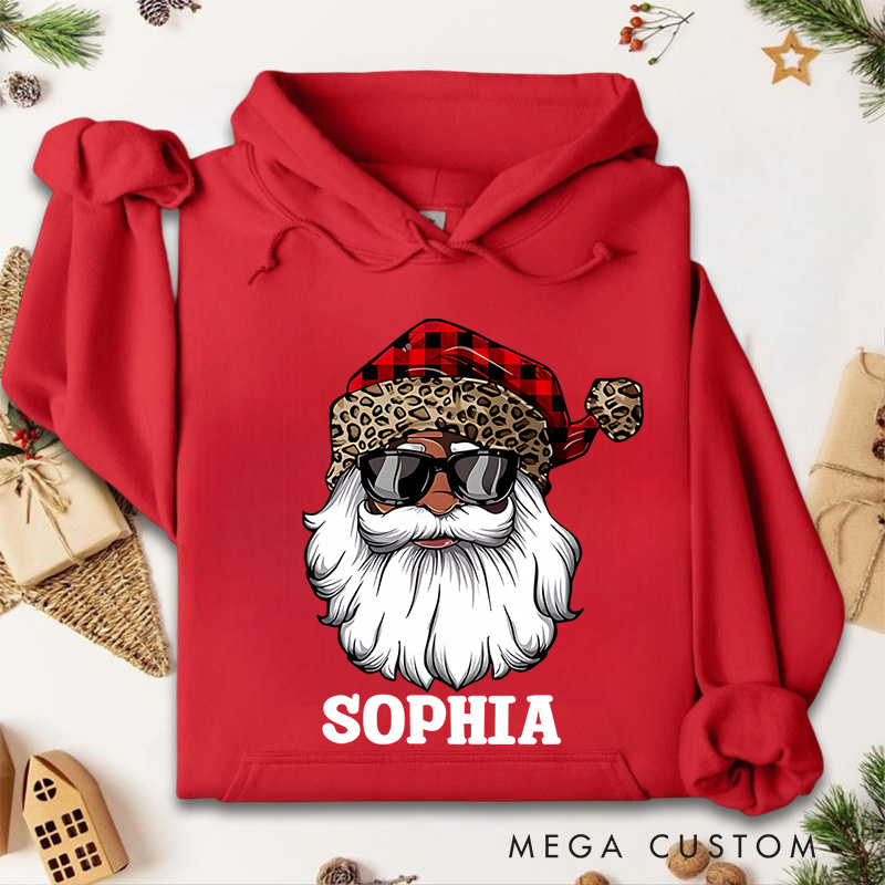 Personalized Santa with Plaid and Leopard Print Hat Christmas Hoodies