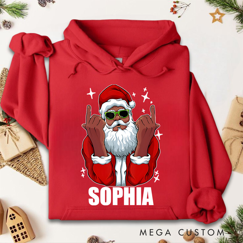 Personalized Cool Santa with Sunglasses and Rock Hand Gesture Christmas Hoodies