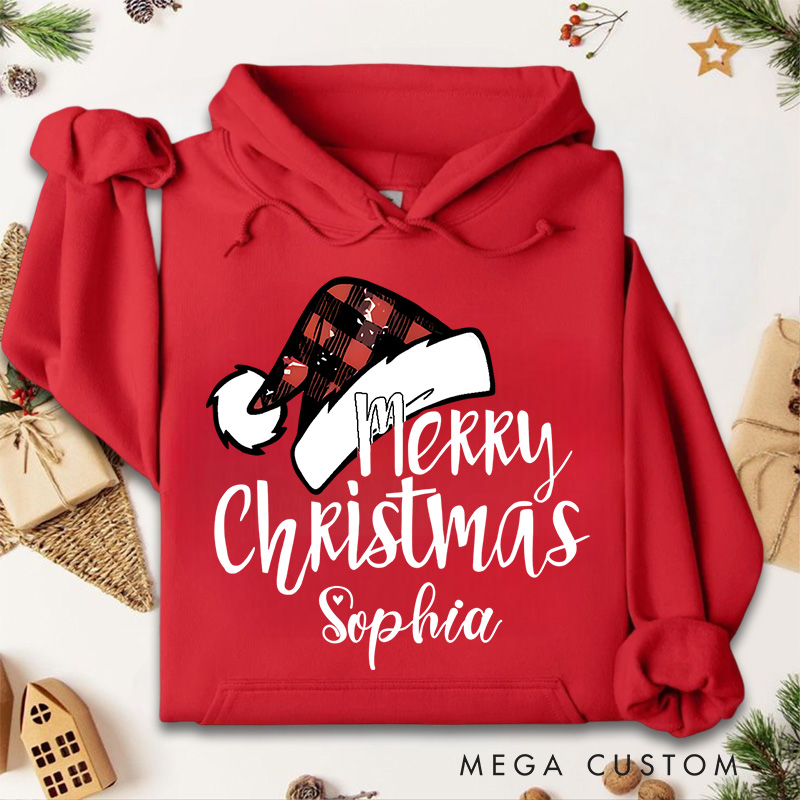 Personalized Merry Christmas with Buffalo Plaid Santa Hat Christmas Hoodies