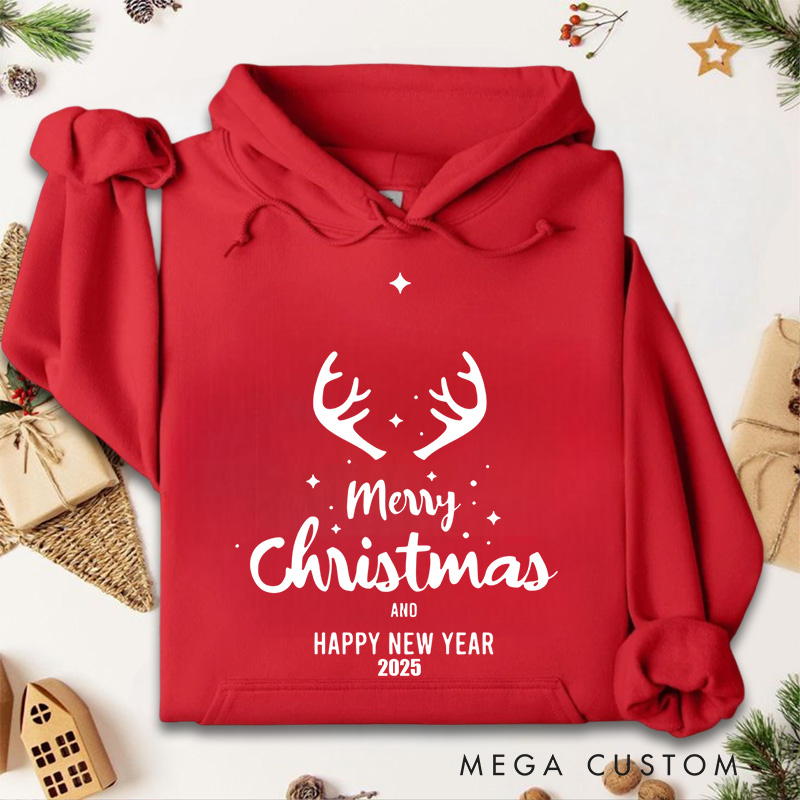 Personalized Merry Christmas and Happy New Year with Reindeer Antlers Christmas Hoodies