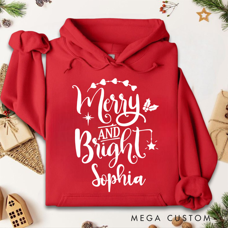 Personalized Merry and Bright with Holly and Festive Accents Christmas Hoodies