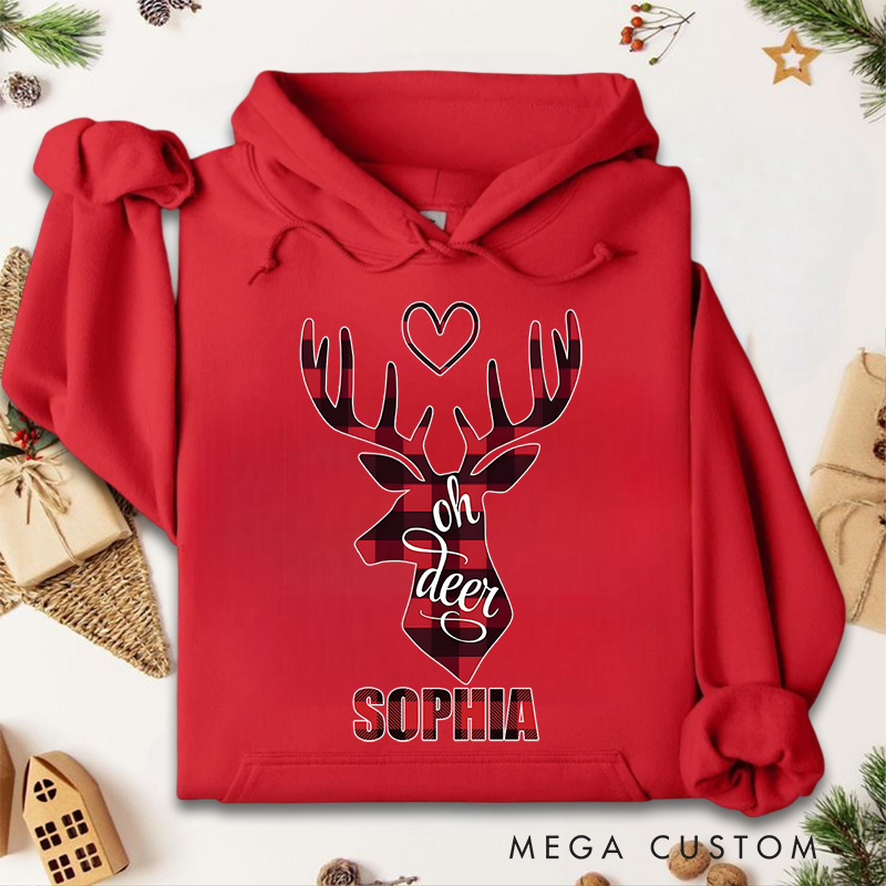 Personalized Oh Deer with Red Reindeer and Heart Christmas Hoodies