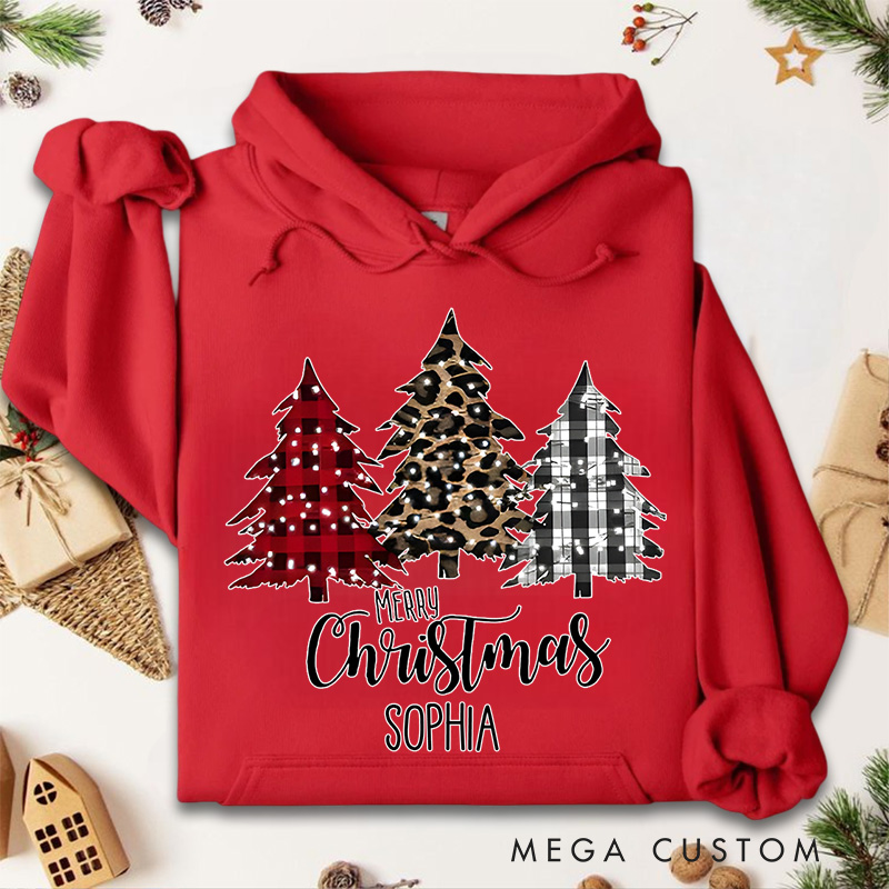 Personalized Red Plaid and Animal Print Christmas Trees Christmas Hoodies