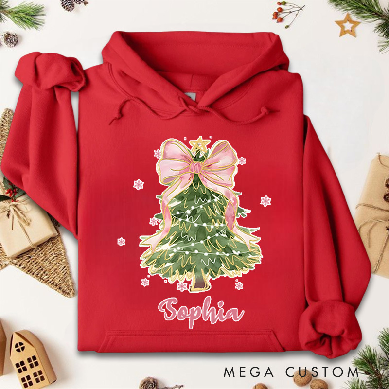 Personalized Christmas Tree with Pink Bow and Lights Christmas Hoodies
