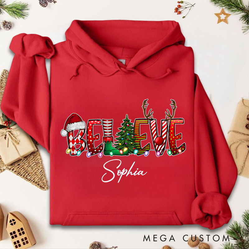 Personalized Believe with Holiday Icons and Reindeer Antlers Christmas Hoodies