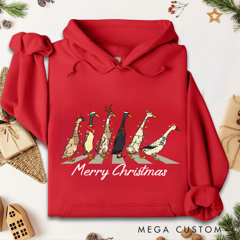 Personalized Geese Walking with Christmas Lights and Hats Christmas Hoodies