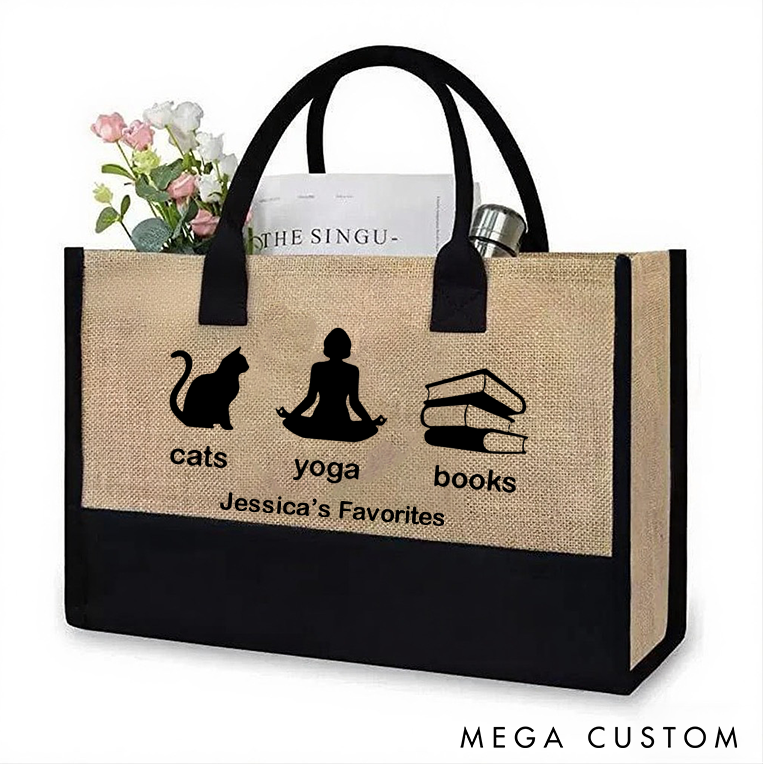 Personalized Yoga Tote Bag with Cats Yoga Books Design Custom Name Perfect for Yoga Lover and Daily Use