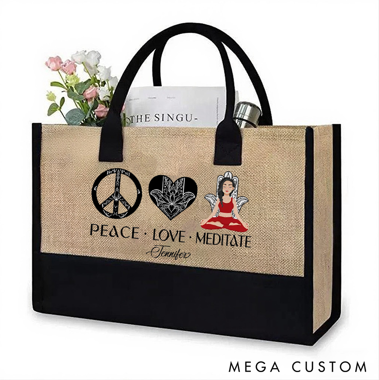 Personalized Yoga Tote Bag with Peace Love Meditate Design Meditation Bag Canvas Tote Bag Perfect for Yoga Lover