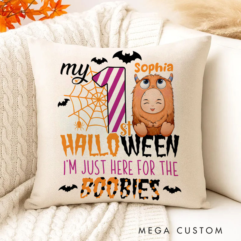 Personalized Baby Halloween Celebration with Cute Baby Costume and Humorous Text for Kids Pillow