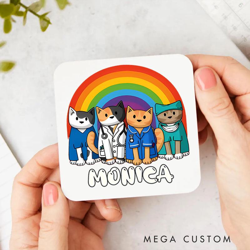 Personalized Coasters for Nurse Customized Healthcare Cats with Rainbow Design Coasters Nurse Gift
