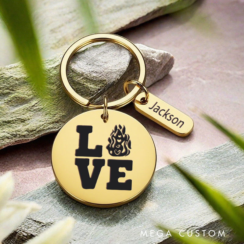 Personalized Stainless Steel Keychain with Love and Flame Design Gift for Firefighters and Loved Ones