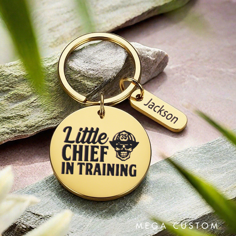Personalized Stainless Steel Keychain with Little Chief in Training Skull Design Gift for Future Firefighters