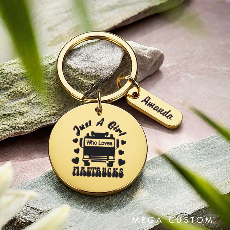 Personalized Stainless Steel Keychain with Just a Girl Who Loves Firetrucks Design Cute Gift for Firetruck Enthusiasts