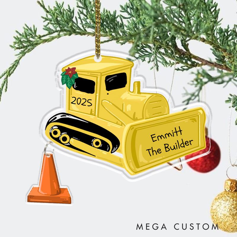 Personalized Construction Vehicle Christmas Ornaments Featuring Baby's Name the Builder for a Festive Holiday Touch