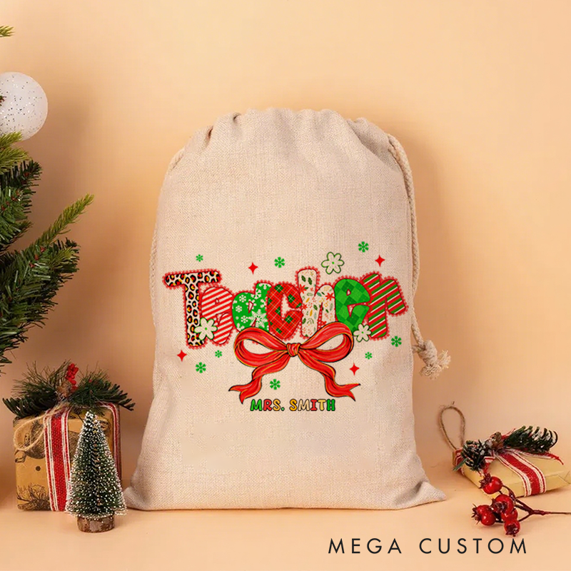Personalised Christmas Santa Sack for Teachers Custom Teacher Bow Design Sack Christmas Gift