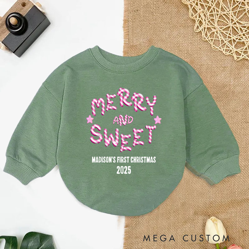Personalized Merry and Sweet Baby Onesie Perfect for Adding Charm to a Baby’s First Holiday Celebration Baby Bodysuit