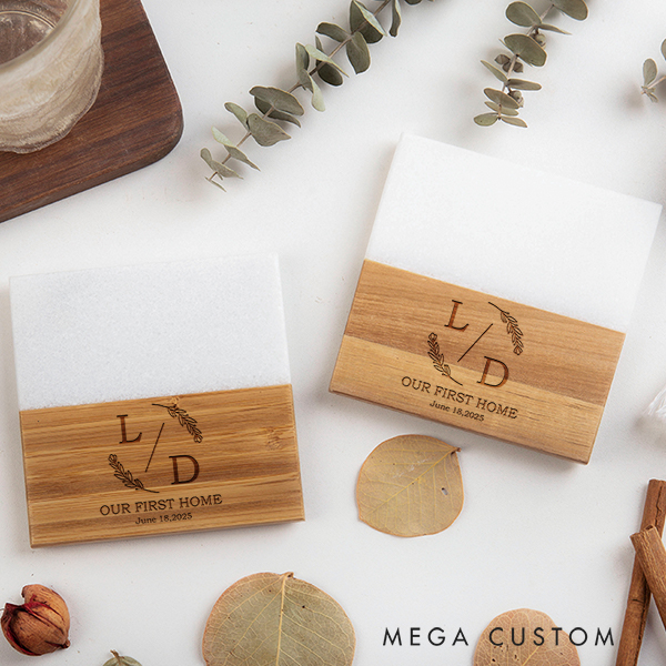 Personalized Minimalist Initials Coaster Custom Marble and Wood Coaster Wedding Housewarming Gift New Home Gift Our First Home for Couple Coasters