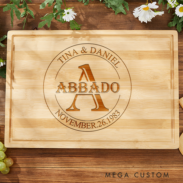 Personalized Cutting Board Wedding Housewarming Cutting Board Gift Custom Bamboo Charcuterie Board Real Estate Closing Gift Classic Monogram