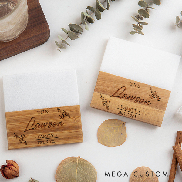 Personalized Botanical Family Coaster Custom Marble Wooden Coaster Housewarming Gifts Anniversary Gift for Couples New Home Gift Christmas Gifts