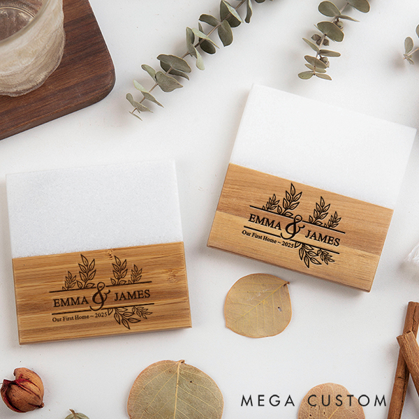 Personalized Our First Home Gift for Couple Coasters Custom Marble and Wood Coaster Engraved Wedding Coasters Housewarming Party Gift New Home Gift