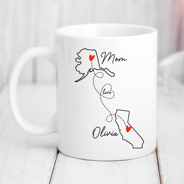Personalized Mother Daughter Long Distance State Mug Hearts Over Cities Daughter Gift Housewarming Gift Moving Away Gift For Mom and Daughter Mother