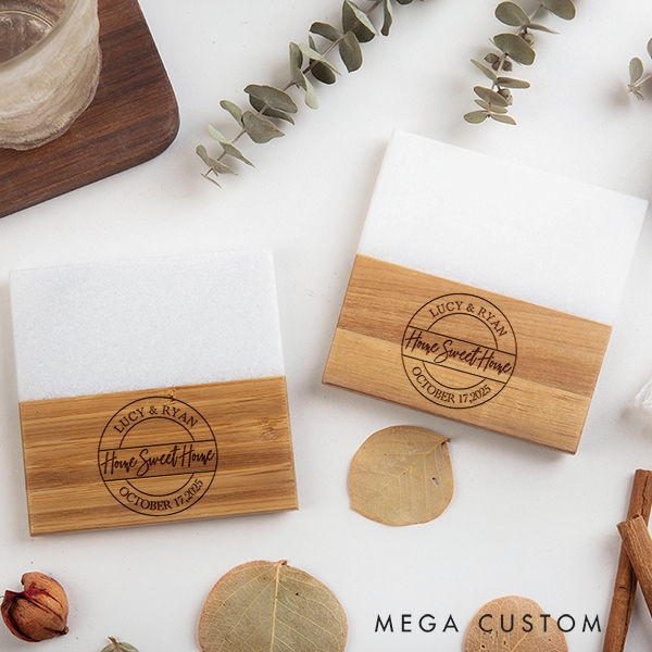 Personalized Coasters Wedding Housewarming Gift Custom Marble and Wood Coaster Timeless Home Sweet Home Coaster Engagement Gift New Home Gift