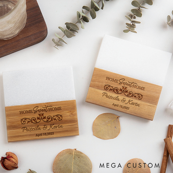 Personalized Coasters Wedding Housewarming Gift Custom Marble and Wood Coaster Ornate Home Sweet Home Coaster Engraved Engagement Gift for Couple