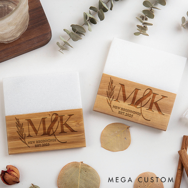 Personalized Custom Marble and Wood Coaster Engraved Engagement Gift for Couple New Home Gift Stylish Housewarming Gift to Celebrate Fresh Starts