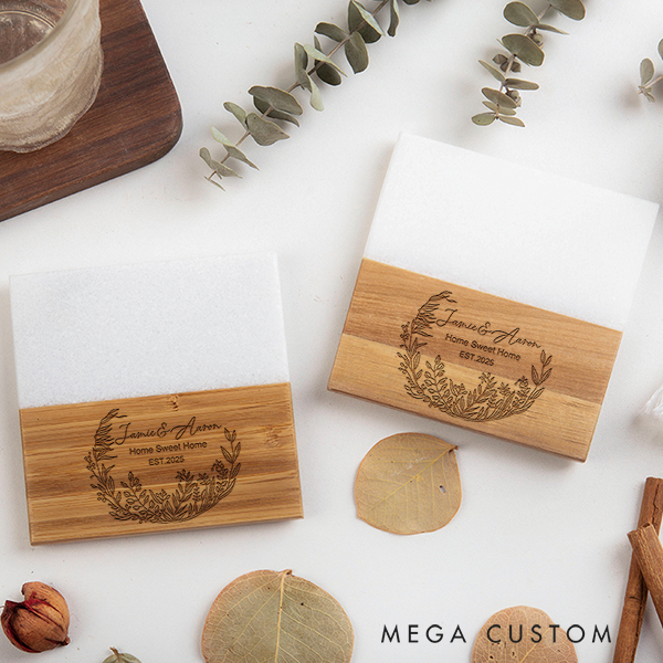 Personalized Marble and Wood Coaster Floral Wreath Home Sweet Home Coaster Wedding Housewarming Gift Couple Gift New Home Gift Valentines Gift