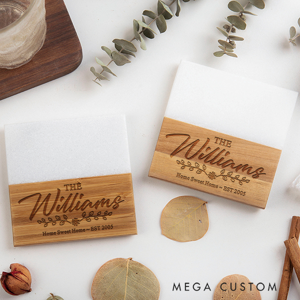 Personalized Engraved Coasters Wedding Housewarming Gift Custom Marble and Wood Coaster Home Sweet Home Couple Gift Valentines Gift New Home Gift 