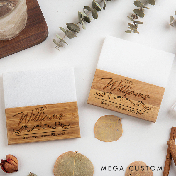 Personalized Coasters Wedding Housewarming Gift Custom Marble and Wood Coaster Engraved Home Sweet Home Couple Gift New Home Gift Moving Gifts