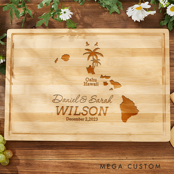 Personalized Handmade Cutting Board Personalized Hawaiian Island Design Wedding Anniversary Gift for Couples Housewarming and Closing Present