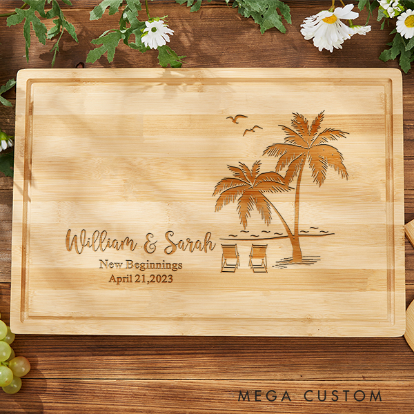 Personalized Handmade Cutting Board Personalized Tropical Beach Design Wedding & Anniversary Gift for Couples Housewarming and Closing Present