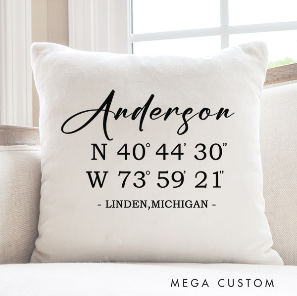 Personalized Pillow For Family New Home Present Custom Last Name Farmhouse Pillow Coordinates Pillow Latitude Longitude Pillow Housewarming Gift