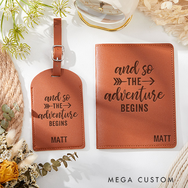 Personalized And So the Adventure Begins Passport Holder and Luggage Tag Set Custom Gift for Traveling Lovers