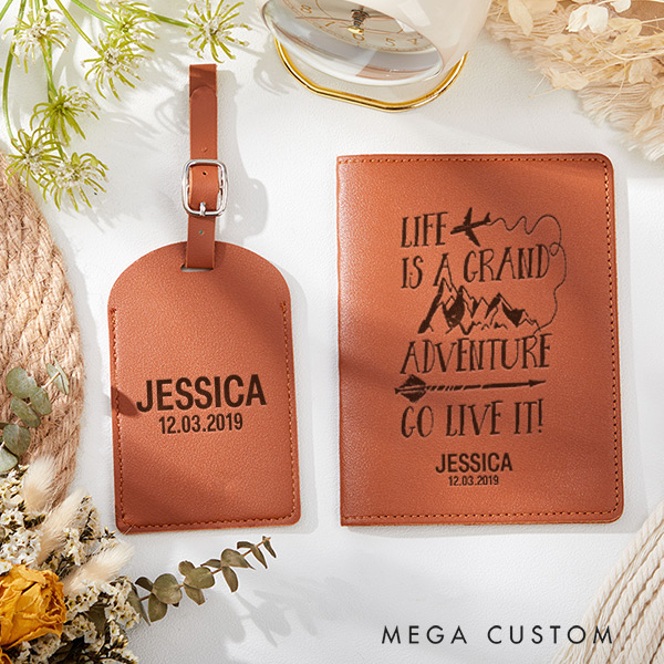 Personalized Life is a Grand Adventure Go Live It Passport Holder and Luggage Tag Set Custom Gift for Traveling Lovers