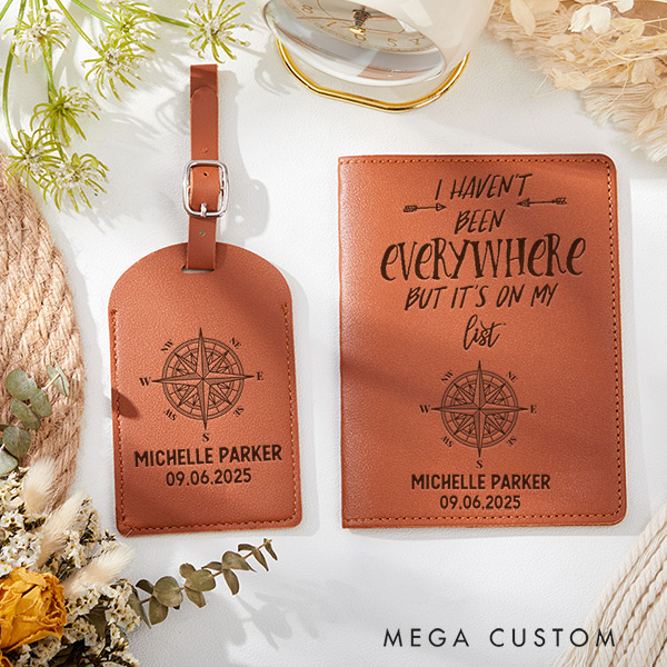Personalized I Haven't Been Everywhere But It's on My List Passport Holder and Luggage Tag Set Custom Gift for Traveling Lovers