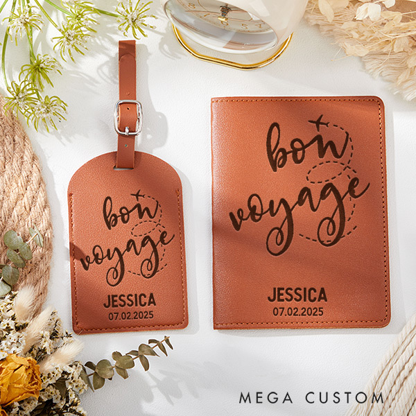 Personalized Bon Voyage Passport Holder and Luggage Tag Set Gift for Traveling Lovers