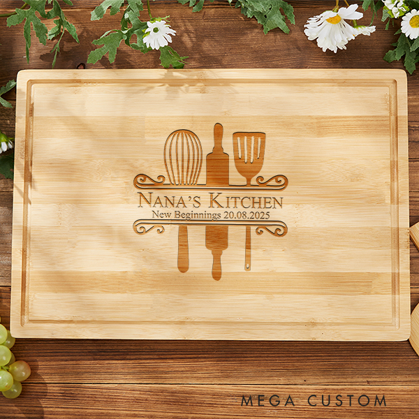 Personalized Cutting Board Mothers Day Gift Grandma Gift New Beginnings Gifts Housewarming Gift Engraved Bamboo Charcuterie Board Nana's Kitchen
