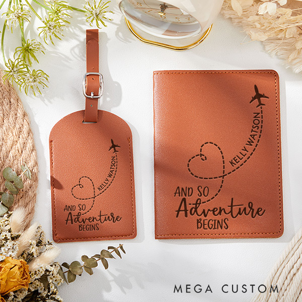Personalized And So Adventure Begins Passport Holder and Luggage Tag Set Gift for Traveling Lovers Traveler Gift Leather Passport Cover