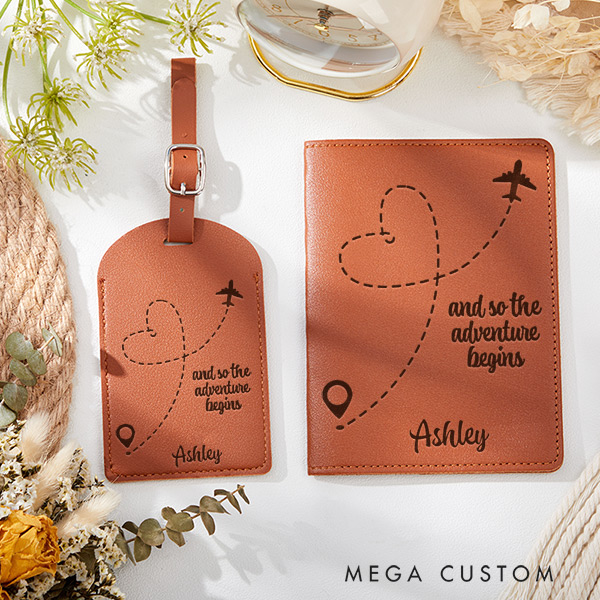 Personalized And So the Adventure Begins Passport Holder and Luggage Tag Set Gift for Traveling Lovers Leather Passport Cover
