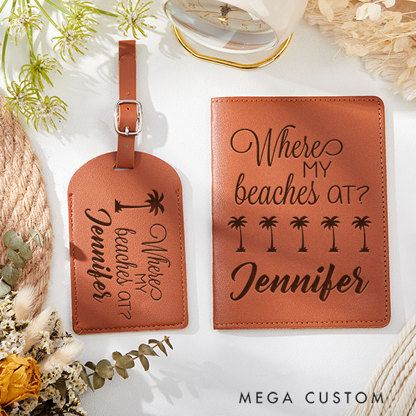 Personalized Where My Beaches at Passport Holder and Luggage Tag Set Gift for Traveling Lovers Leather Passport Cover
