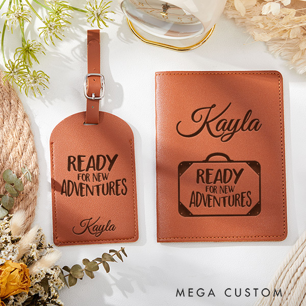 Personalized Ready for New Adventures Passport Holder and Luggage Tag Set Gift for Traveling Lovers Leather Passport Cover
