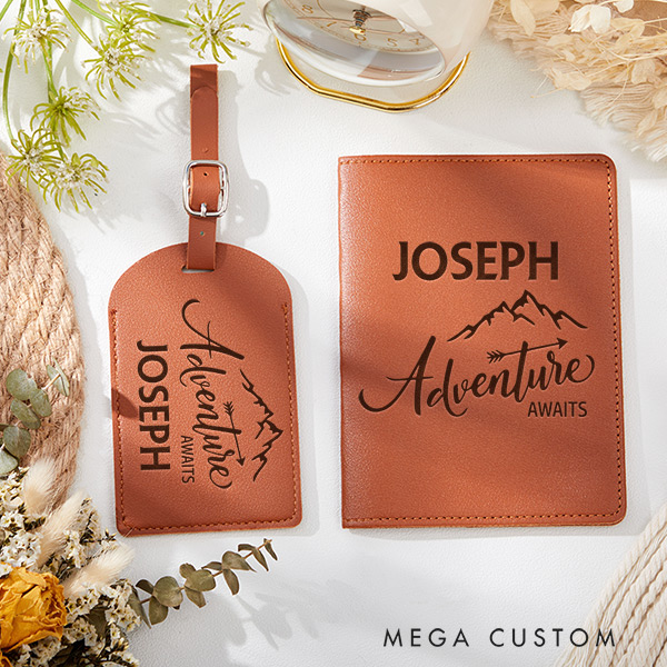 Personalized Adventure Awaits Passport Holder and Luggage Tag Set for Traveling Lovers Personalized Travel Gifts