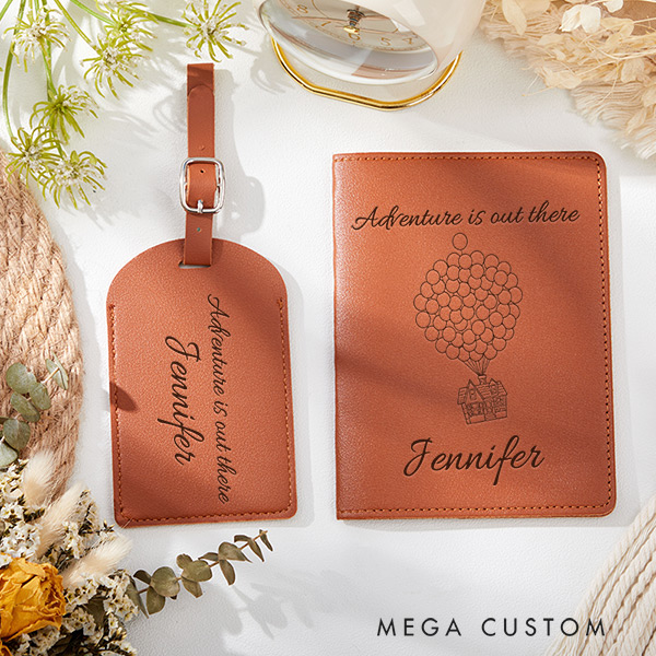 Personalized Adventure is out there Passport Holder and Luggage Tag Set Gift for Traveling Lovers Leather Passport Cover
